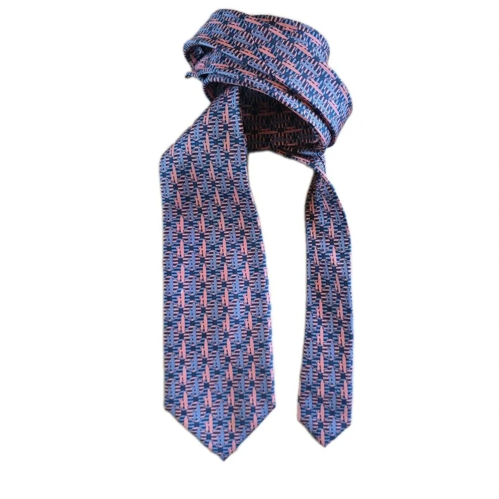 Johnnie-O Men's Tie West Coast Prep Pink Blue Surfer‎ Board  Logo 100% Silk